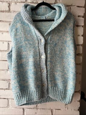 Handmade Light Blue Marled Button-Front Women’s Sweater Vest with hood